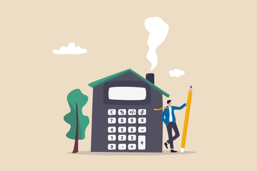 Calculator house and homeowner reviewing property tax numbers