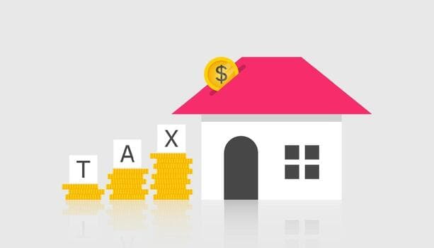 House-shaped bank with coin stacks spelling tax, illustrating property tax savings